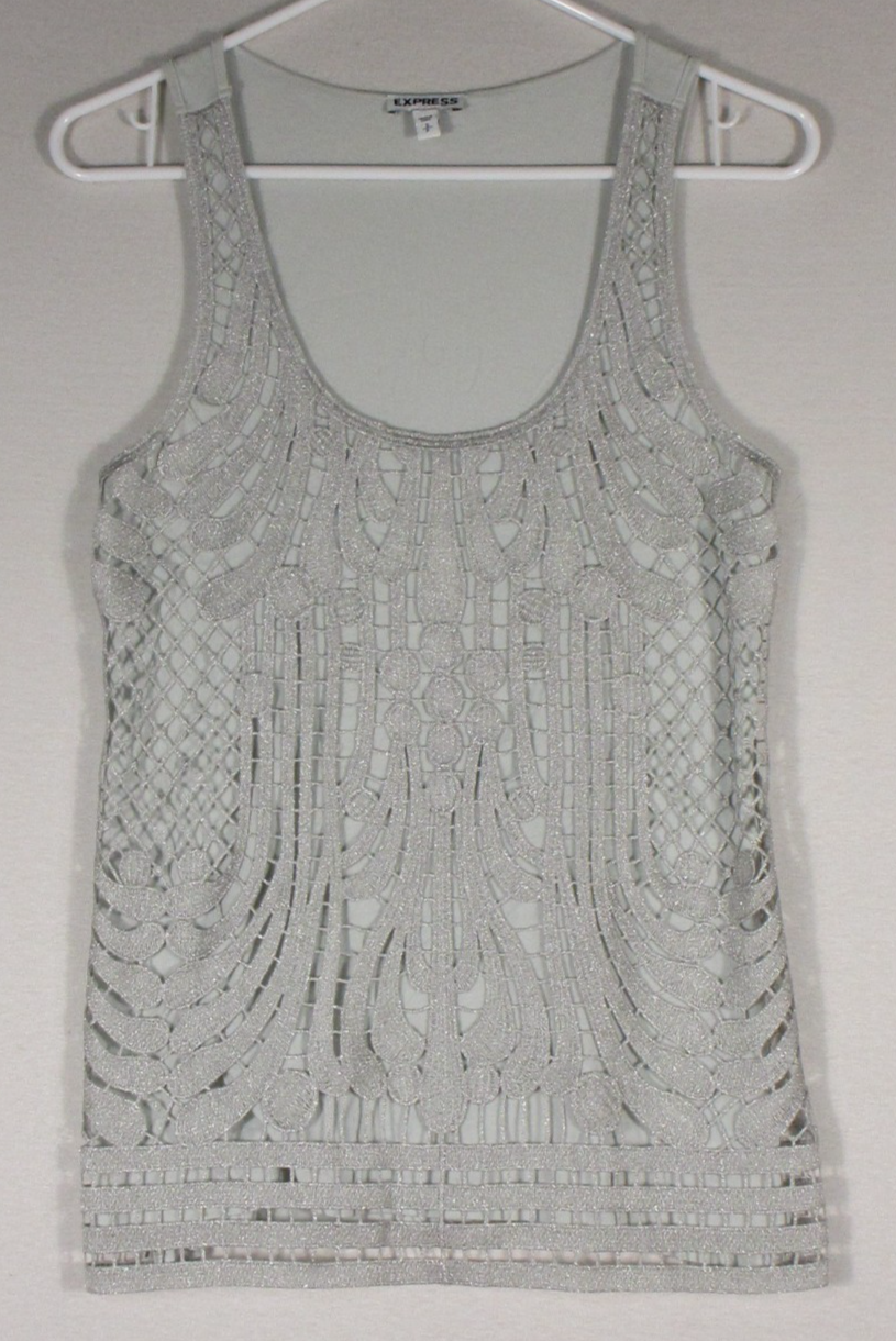 Express Womens Lace Overlay Sparkle Tank Top Sleeveless Scoop Neck Size S Ivory