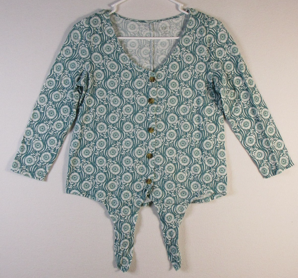 Loft Ann Taylor Womens Printed Button Up Top Waist Tie Long Sleeve Size SP Teal
