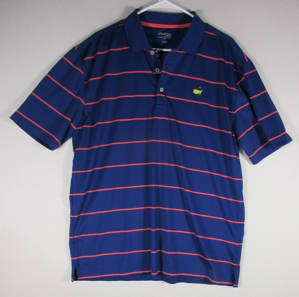 Masters Tech Mens Striped Button-Up Golf Polo Shirt Short Sleeve Size L Blue