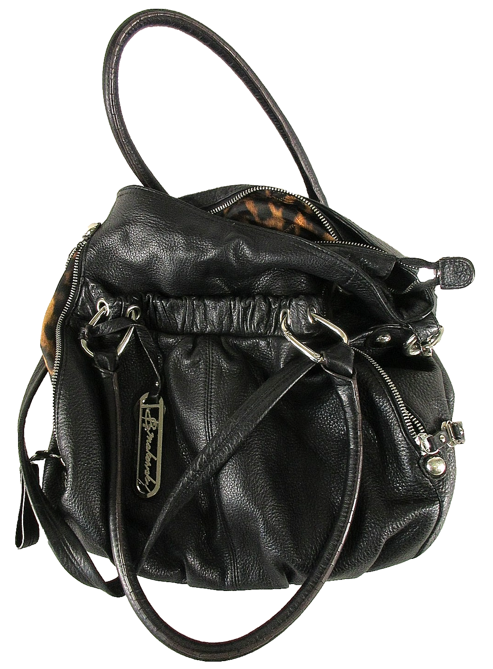 B. Makowsky Womens Pebbled Leather Hobo Shoulder Bag Zip Pockets Black