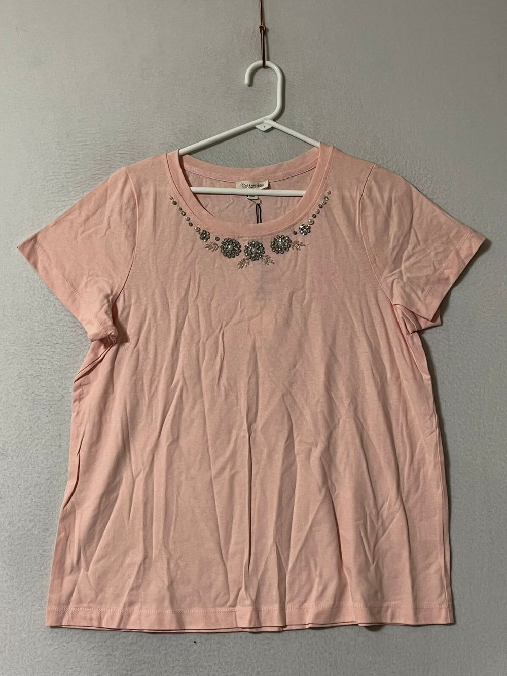 Cotton Bleu Pink Round Neck T Shirt Top Beaded Detail Short Sleeve Womens Size M