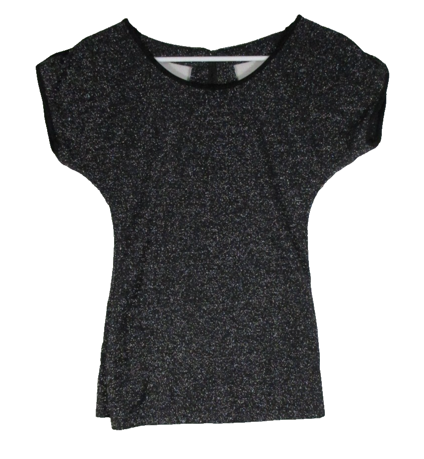 2b Bebe Womens Silver Lurex Top Short Sleeve Crew Neck Size XS Black