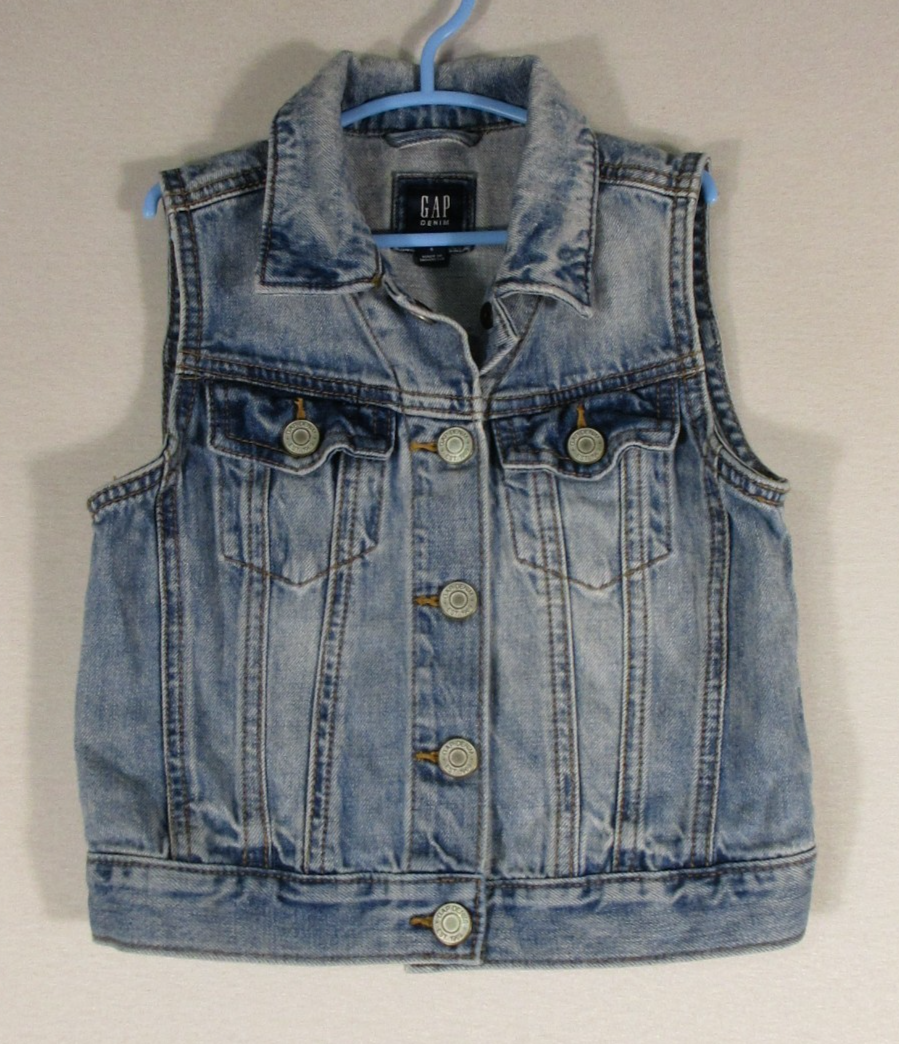 Gap Girls Denim Button Up Jacket Sleeveless Collar Neck Size S Blue