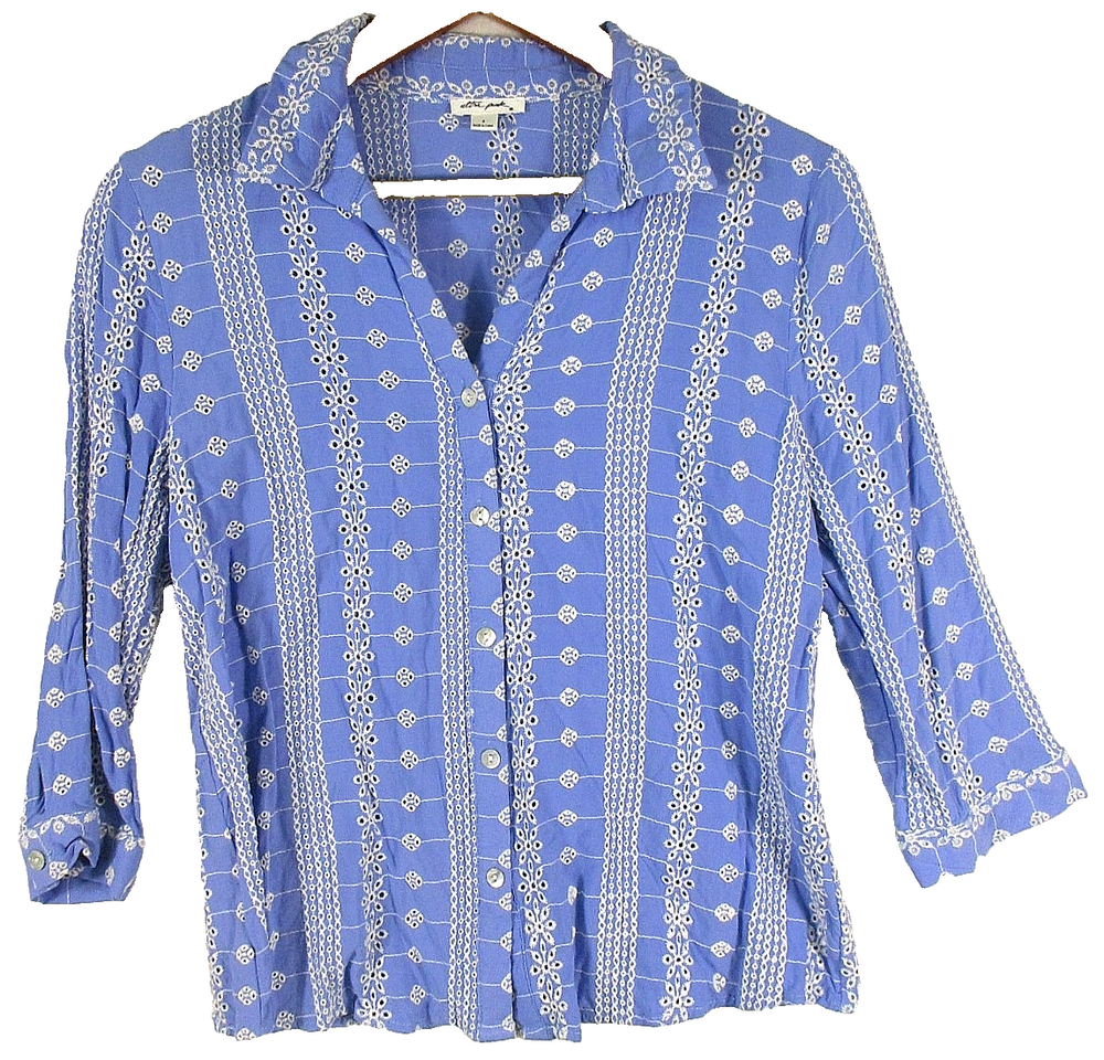 Ultra Pink Womens Button-Up Eyelet Shirt Long Sleeve Collared Size S Blue/White