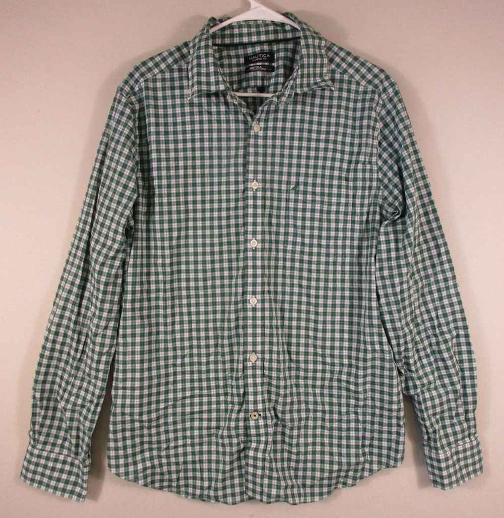 Nautica Mens Button-Up Plaid Shirt Long Sleeve Collared Size L Green/White