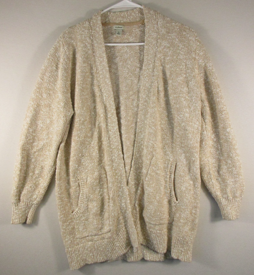 L.L.Bean Womens Open Front Cardigan Sweater Long Sleeve Pockets Size L Beige