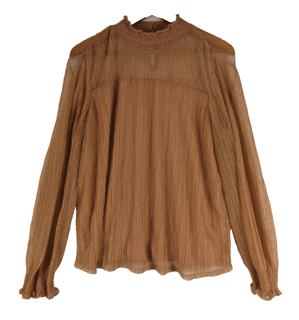 Adrianna Papell Blouse Womens XL Rose Gold Sheer Metallic Pleated Mock Neck