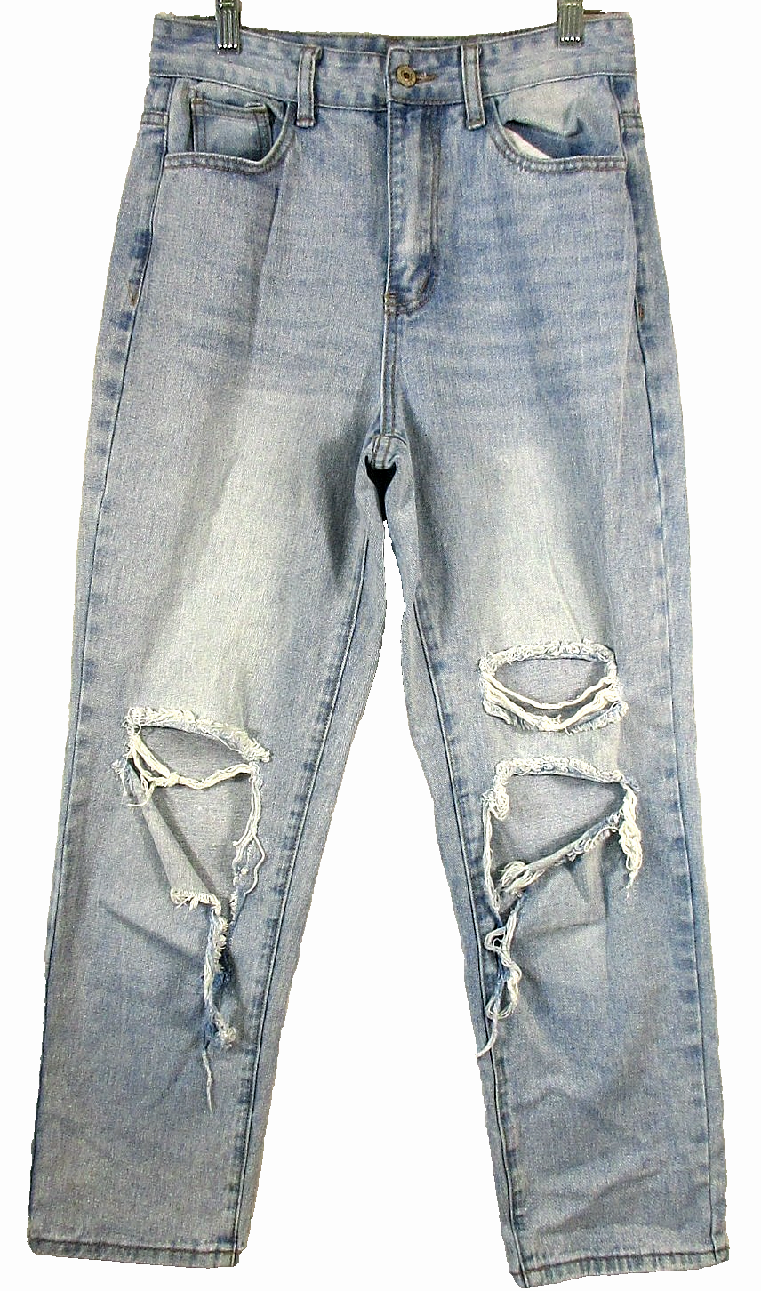 Shein Womens High Waist Denim Distressed Jeans Straight Leg Size W27 L32 Blue