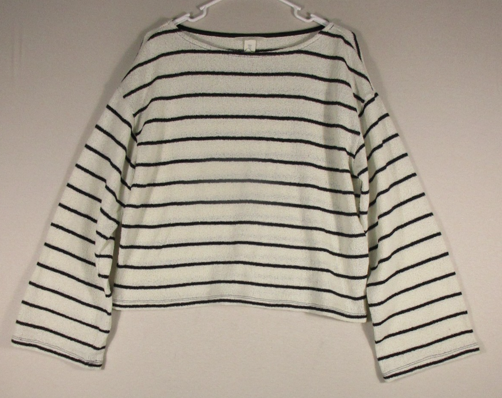 H&M Womens Round Neck Striped Top Blouse Regular Fit Long Sleeve Size M White