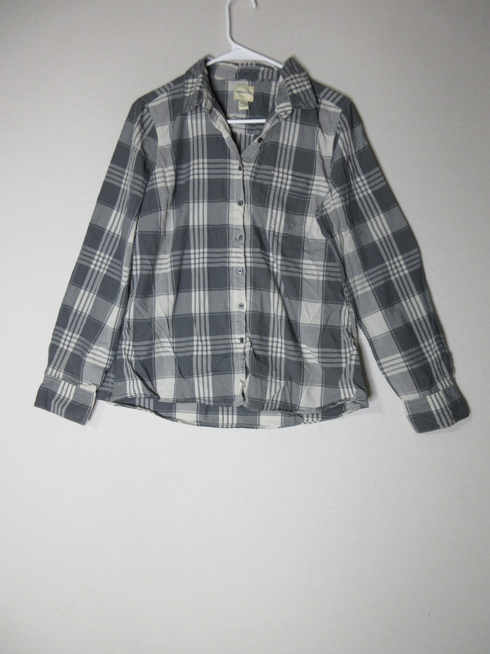 G.H. Bass & Co. Womens Plaid Button-Up Blouse Long Sleeve Collared Size L Gray