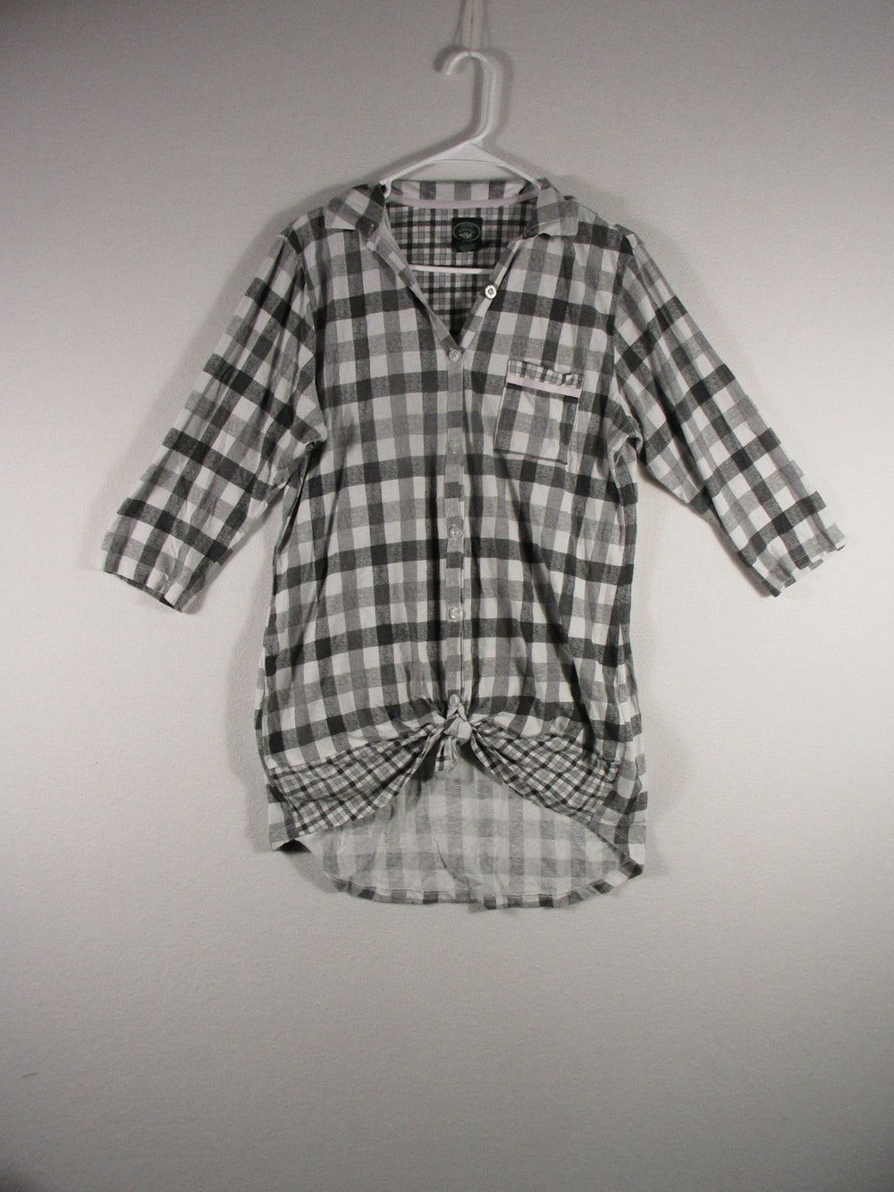 Laura Ashley Womens Tie-Front Plaid Blouse 3/4 Sleeve Size L Gray/Black