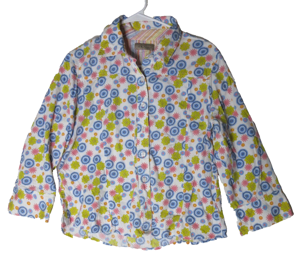 L.E. Relaxed Womens Floral Button-Up Blouse Long Sleeve Collared Sz L Multicolor