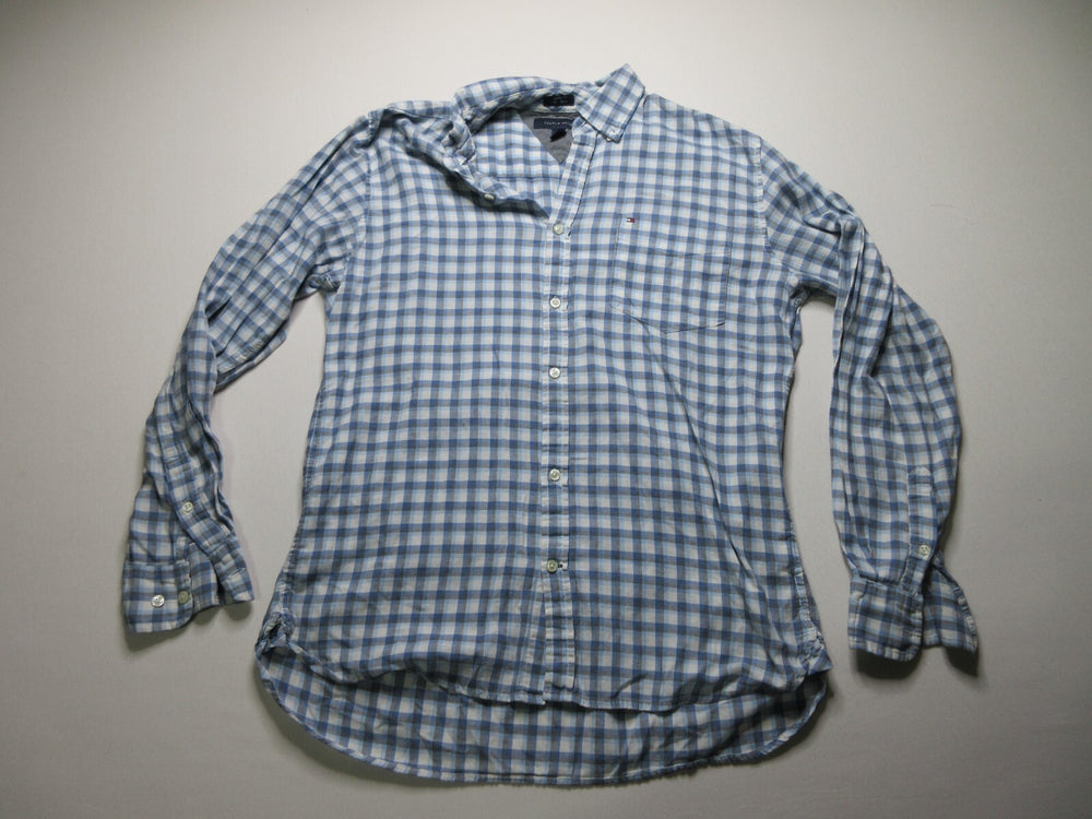 Tommy Hilfiger Blue White Custom Fit Long Sleeve Plaid Button Up Shirt Mens SZ L