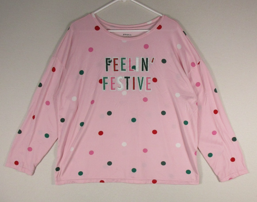 Joyspun Womens Polka Dots T-Shirt Long Sleeve Crew Neck Size L (12-14) Pink