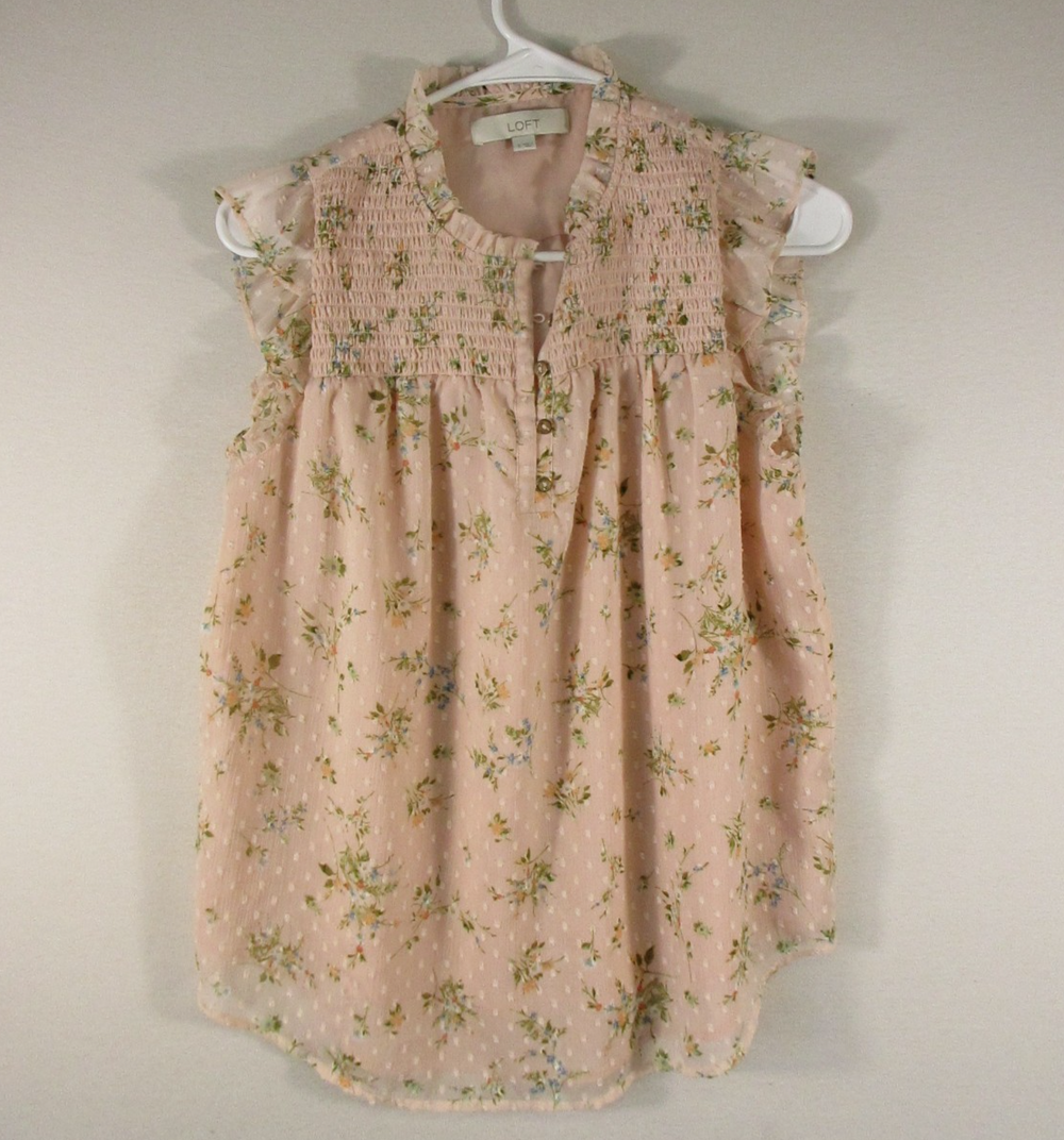 Ann Taylor Loft Womens Split Neck Floral Dress Button Front Size S Light Pink