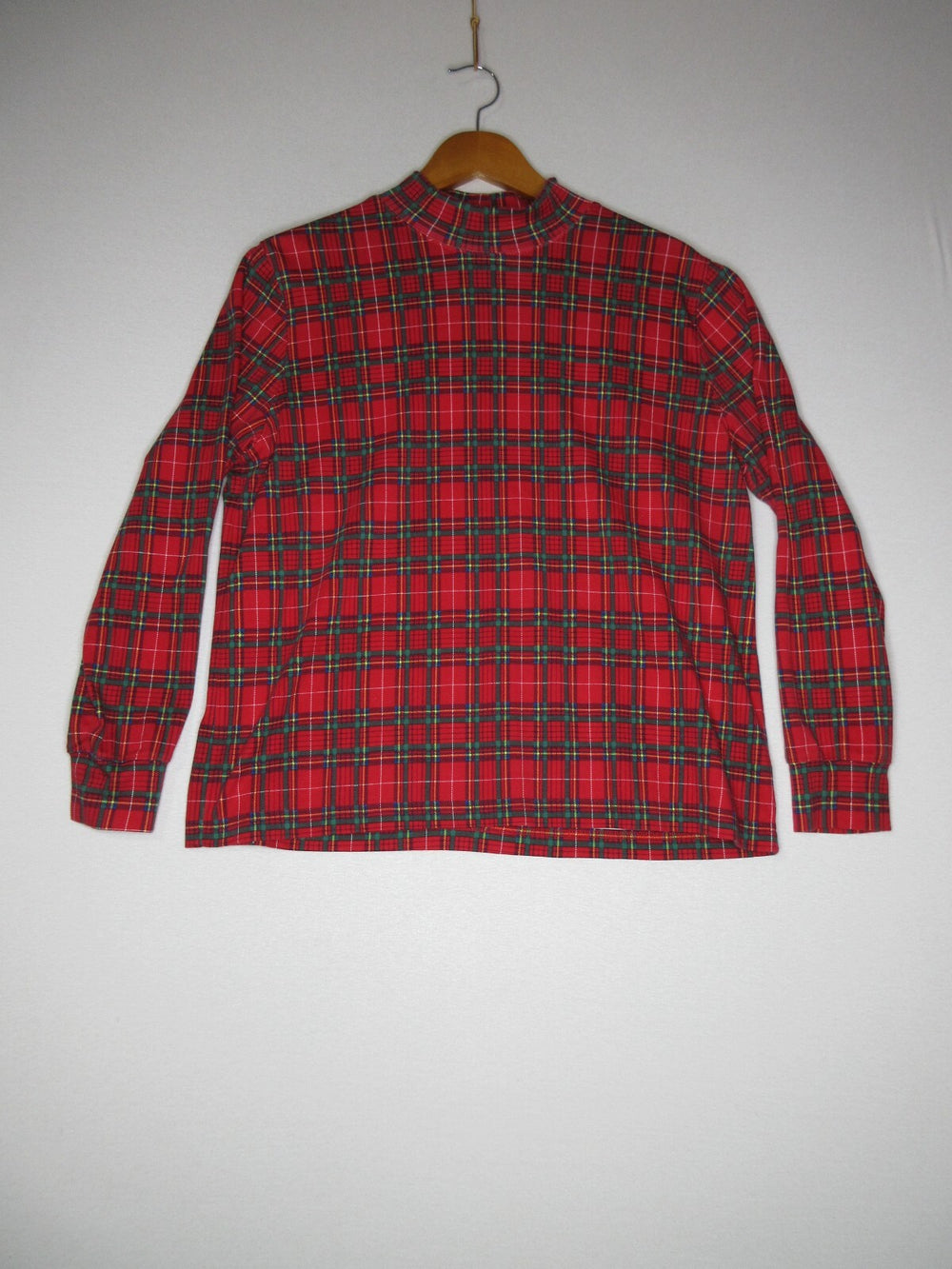 Lands' End Mens Plaid Print Relaxed Fit Mock Neck Shirt Long Sleeve Size L Red