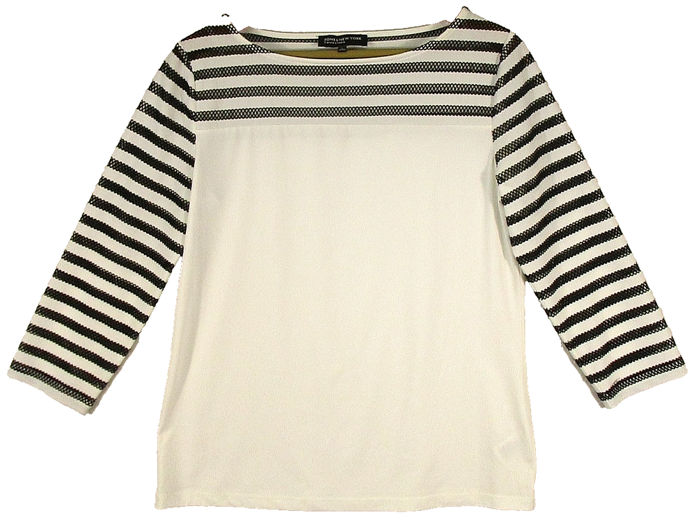 Jones New York Womens Boat Neck Top Striped Print Long Sleeve Size L White