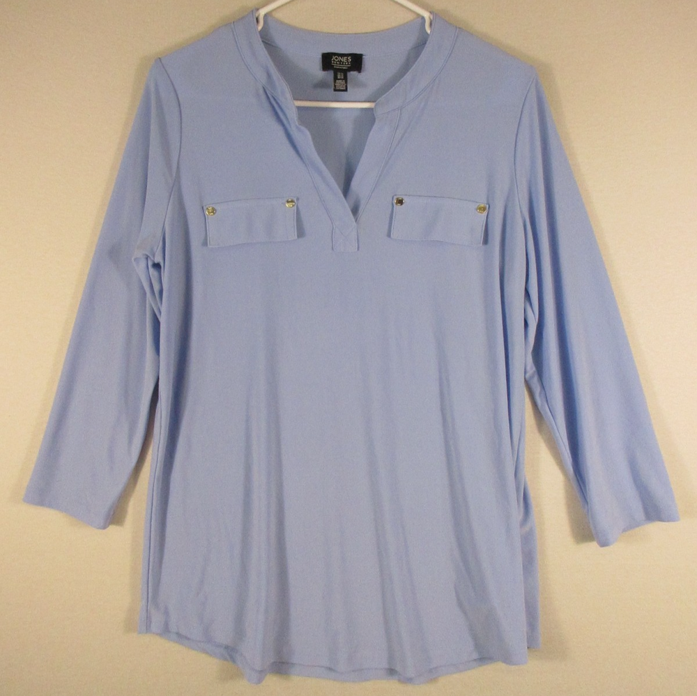 Jones NY Womens Pullover V-Neck Top Blouse Long Sleeve Pockets Size M Blue
