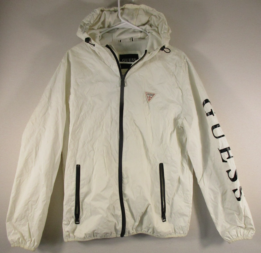 Guess Mens Zip-Up Hooded Windbreaker Jacket Long Sleeve Pockets Size M White