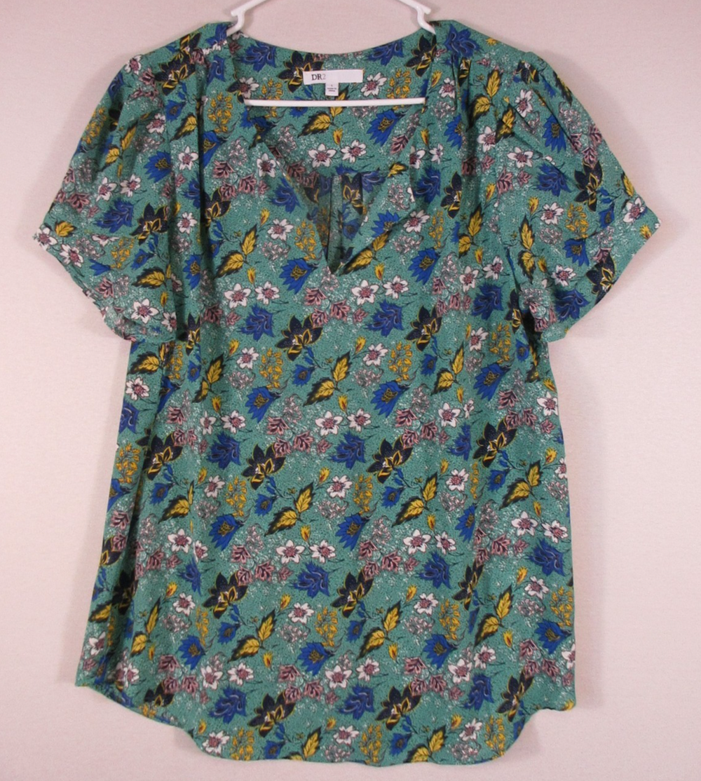 DR2 Womens Pullover Split Neck Blouse Floral Print Short Sleeve Size L Green