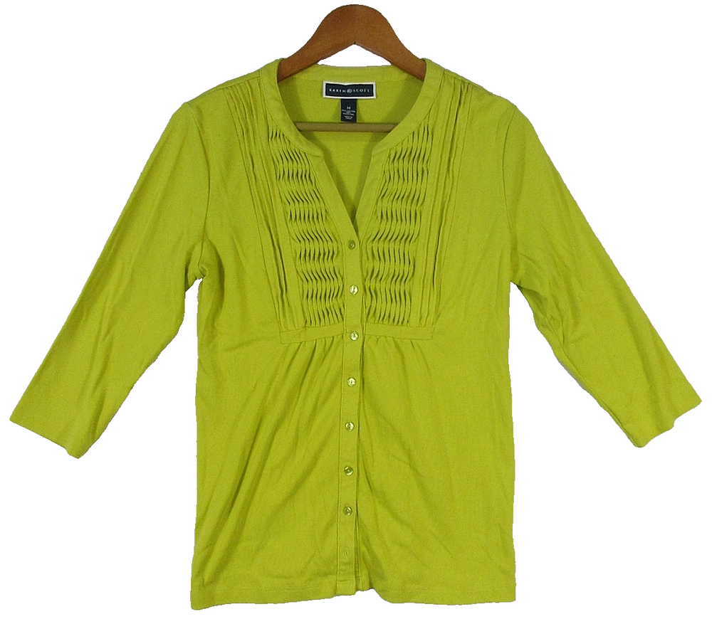 Karen Scott Womens Button-Up Henley Top Ribbed Knit Long Sleeve Size M Green