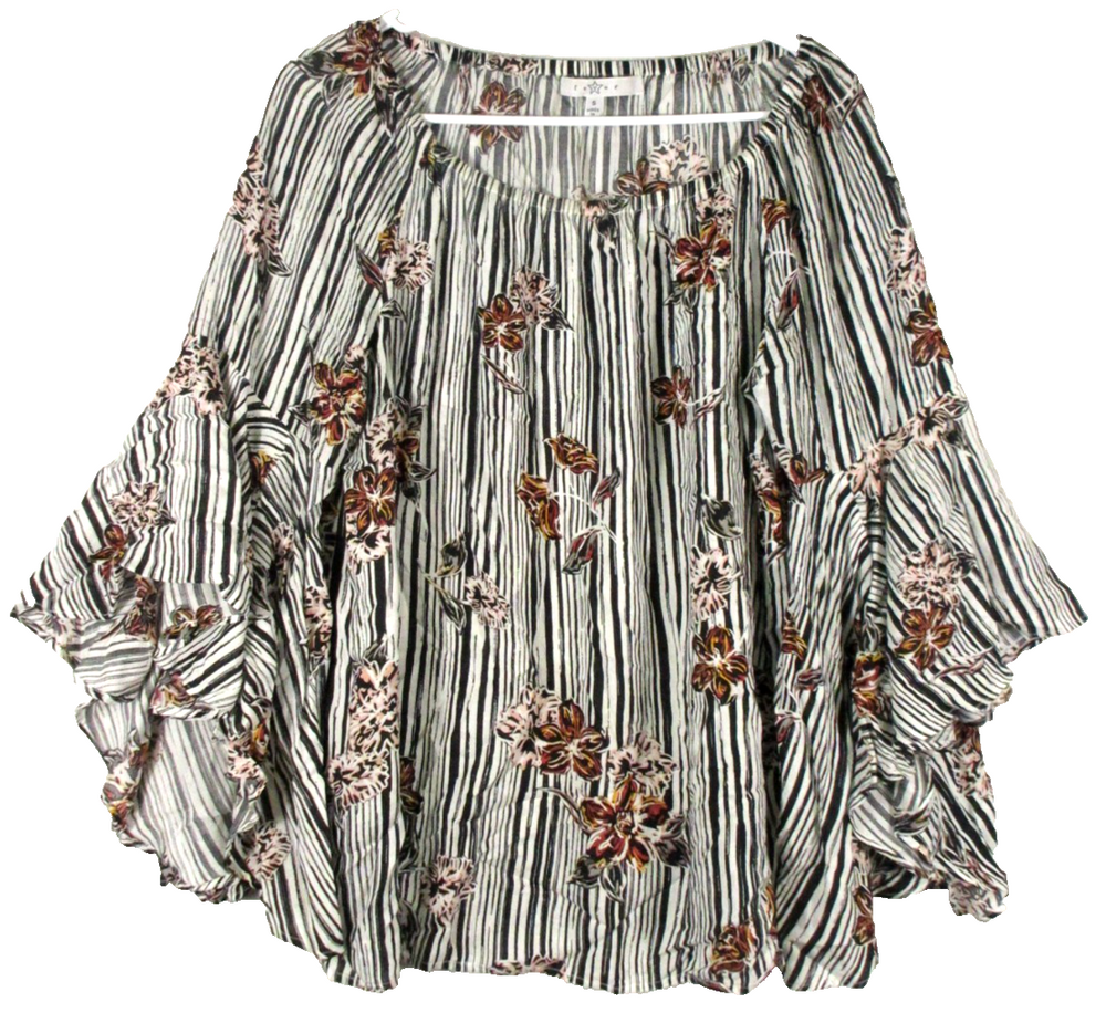 Fever Womens Pullover Striped Blouse Floral Print Off the Shoulder Size S Black