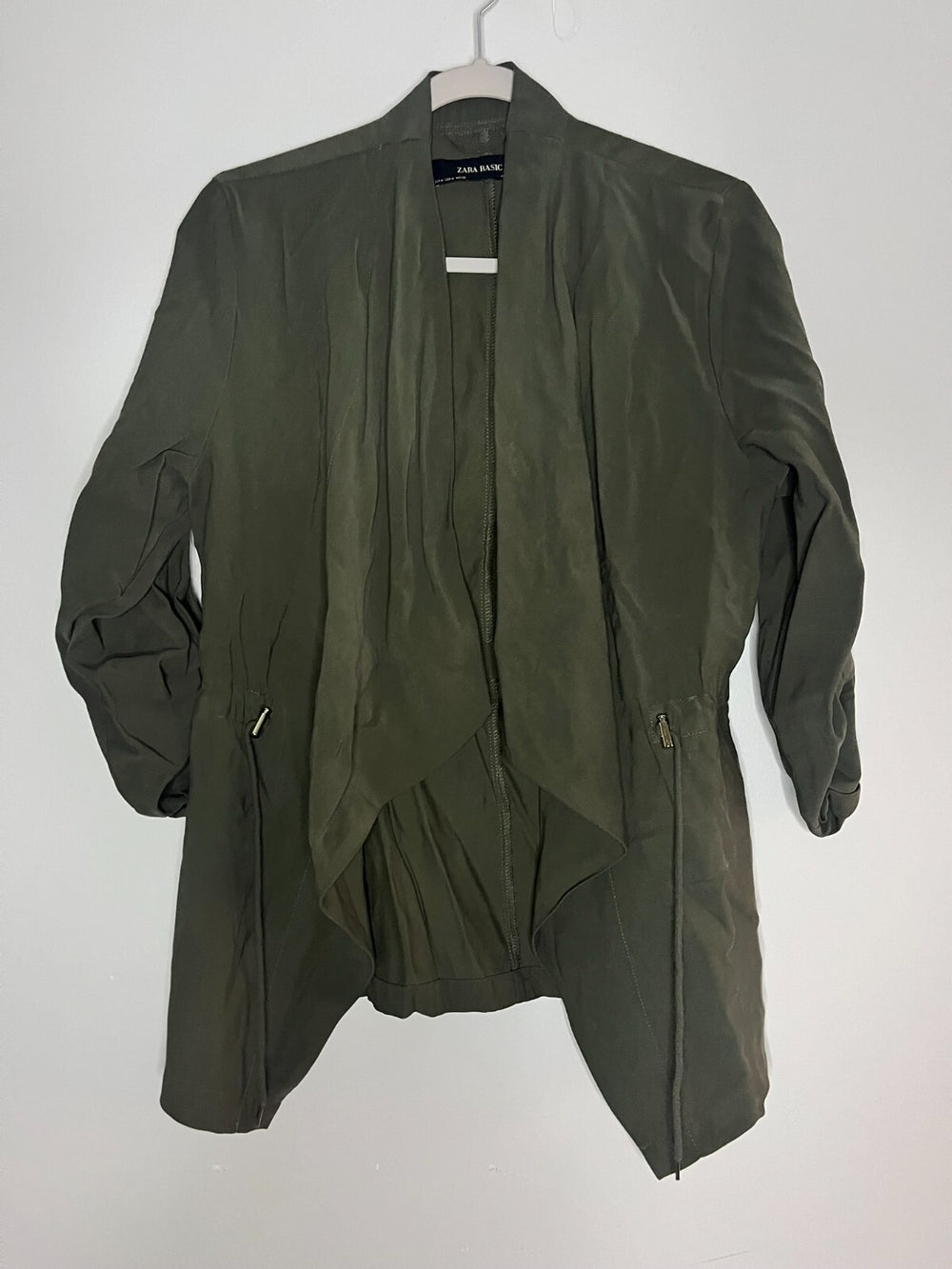 Zara Green Open Front Roll Tab Long Sleeve Cardigan Thin Jacket Women's Size M