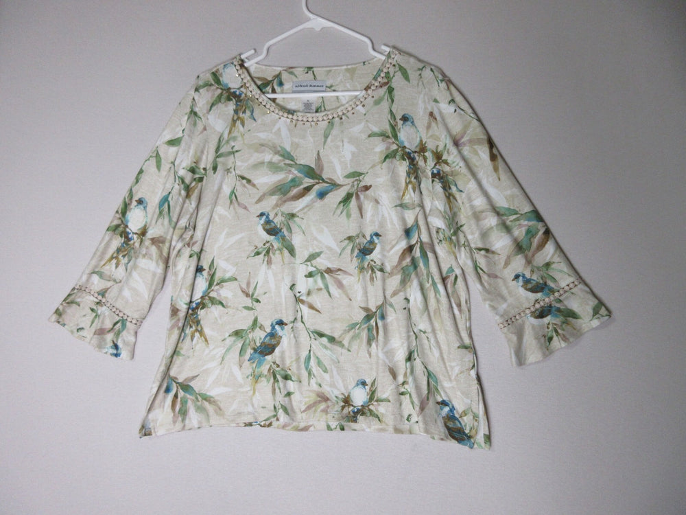 Alfred Dunner Womens Floral Print Beaded Round Neck Top Long Sleeve Size PL Tan