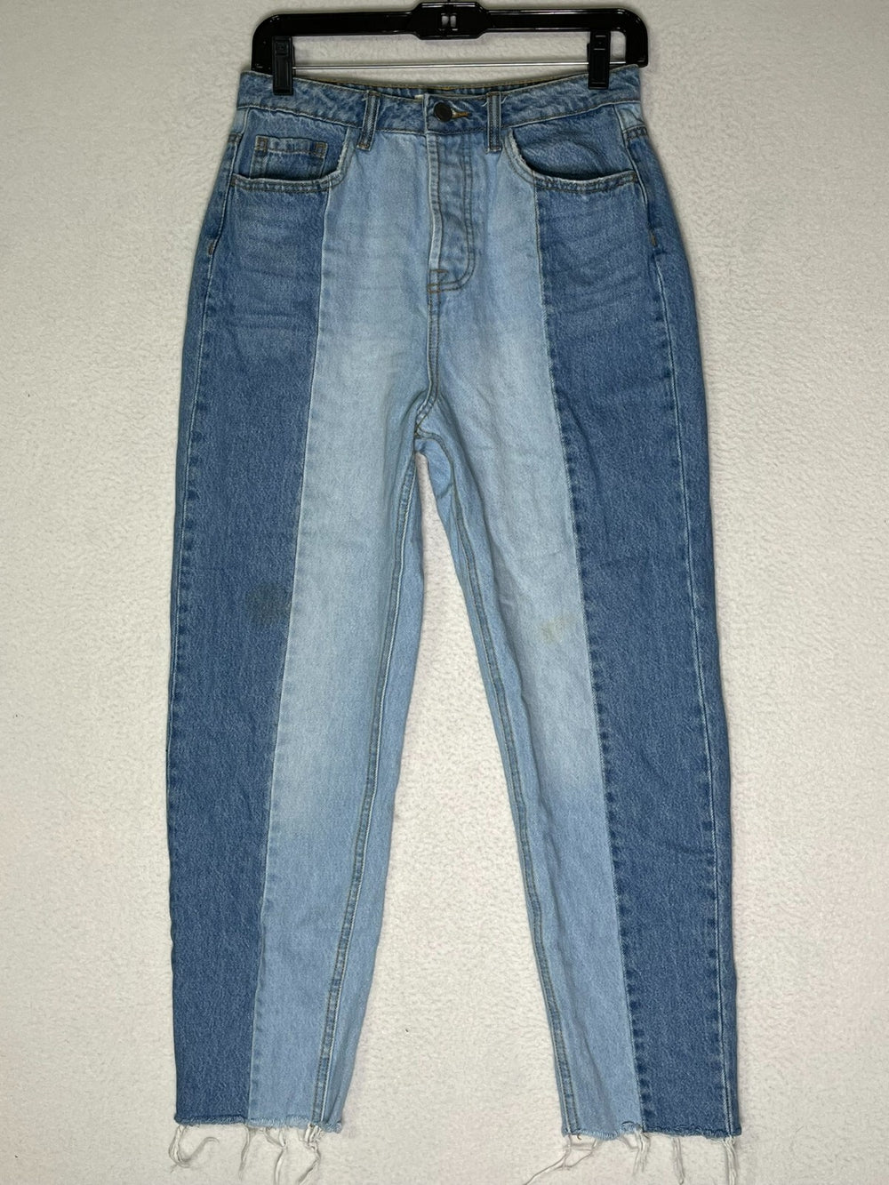 Stradivarius Blue Colorblock 2 Tone Straight Leg Mom Jeans Raw Hem Women's SZ 06