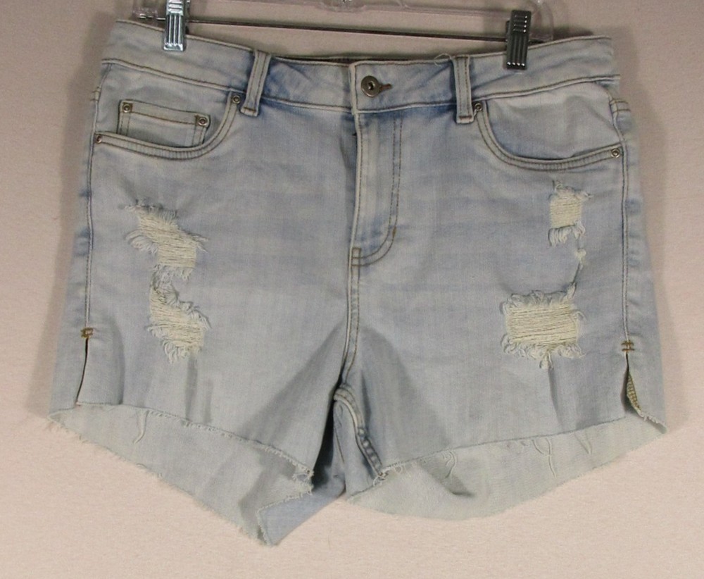 True Craft Womens Stretch Denim Distressed Shorts High Waist Size 14W Blue