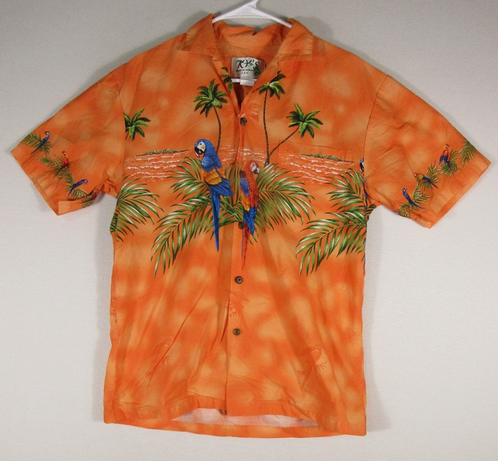 KY'S Mens 100% Cotton Hawaiian Aloha Camp Shirt Button-Up Pockets Size S Orange