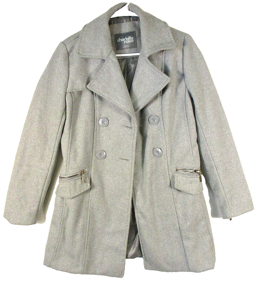 Charlotte Russe Womens Double Breasted Pea Coat Long Sleeve Pockets Size S Gray