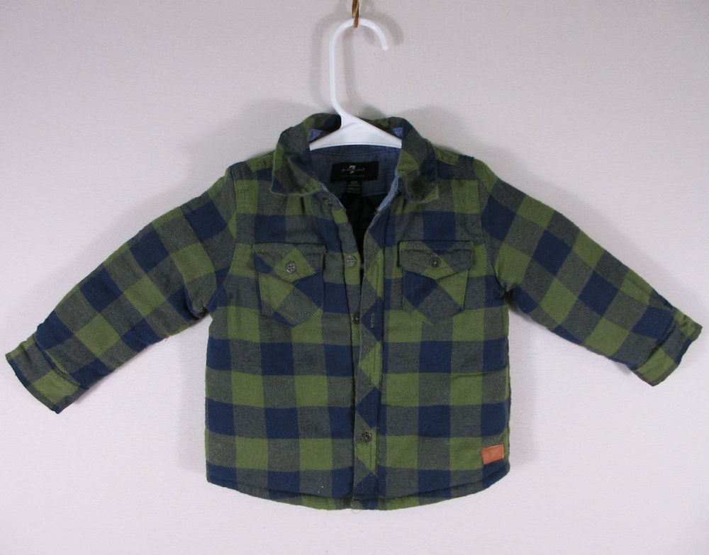 7 For All Mankind Boys Button-Up Plaid Shirt Long Sleeve Size 18M Green/Blue