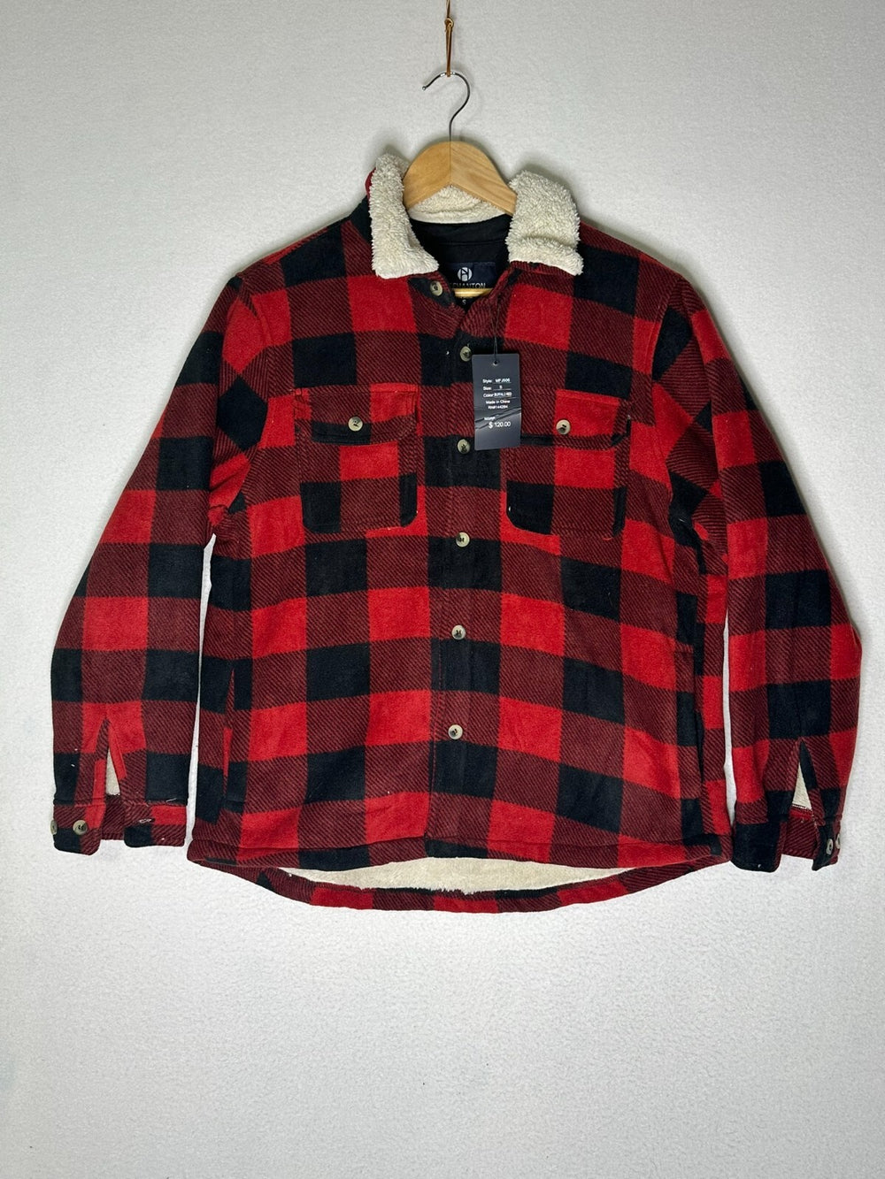 Leehanton Fur Trim Red Plaid Jacket Button Down Pockets Men's Small