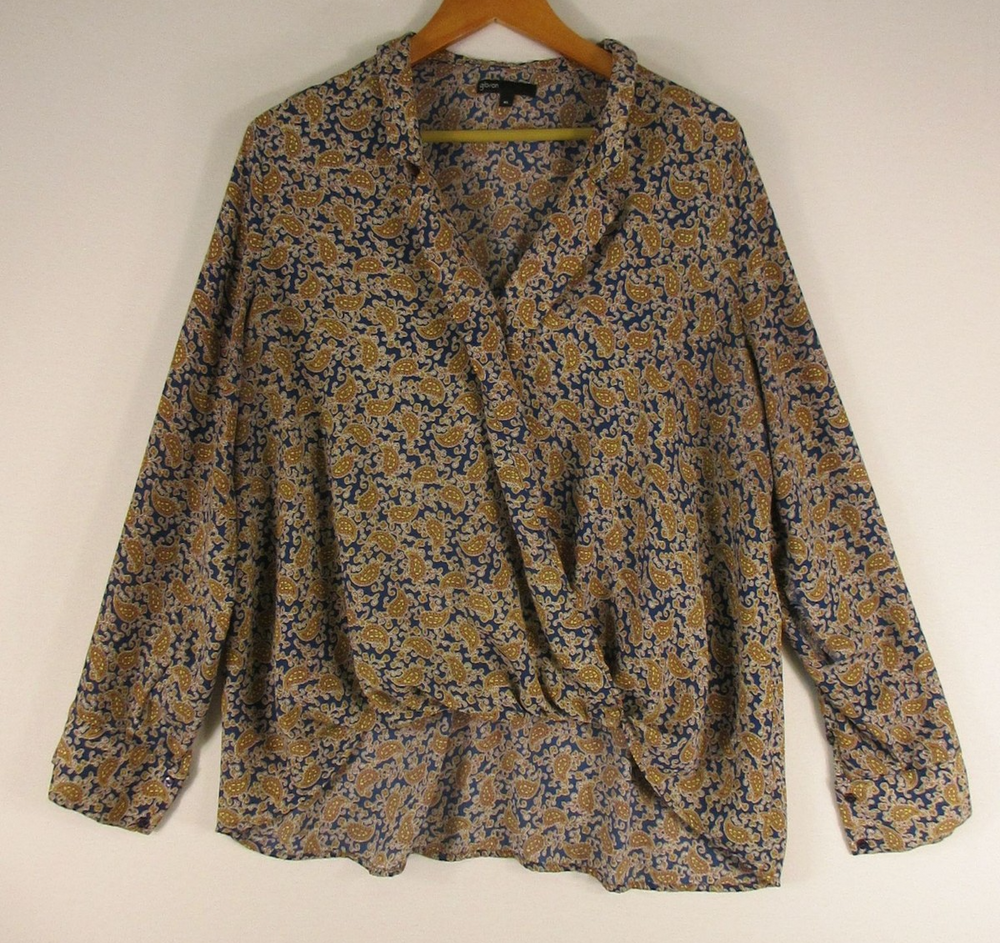 Gibson Blouse Womens XL Paisley Long Sleeve V Neck Draped Front Blue Lightweight