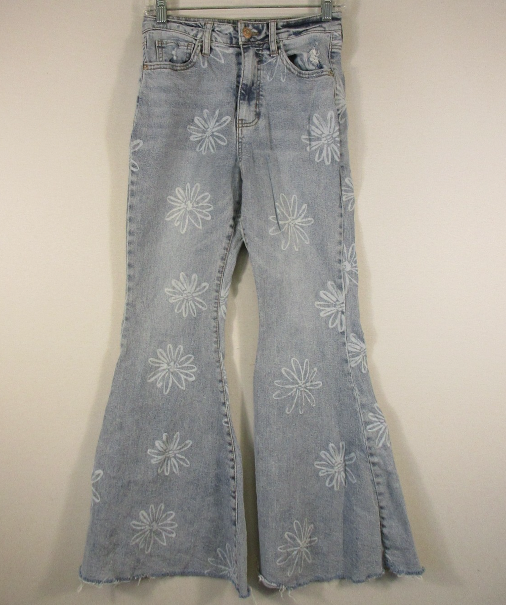 Wild Fable Womens High Waist Flare Jeans Floral Print Pockets Size 2 Blue
