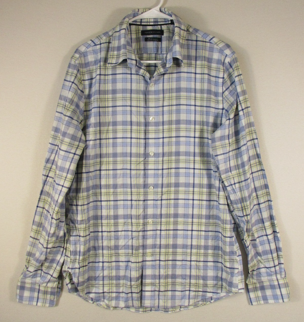 Tommy Hilfiger Mens Button-Up Pleated Shirt Stretch Long Sleeve Size L Multi