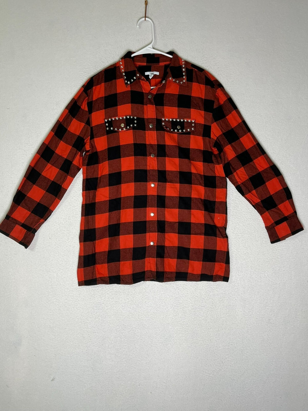 Bar III Red Black Buffalo Plaid Studded Flannel Shirt Long Sleeve Women's Size M