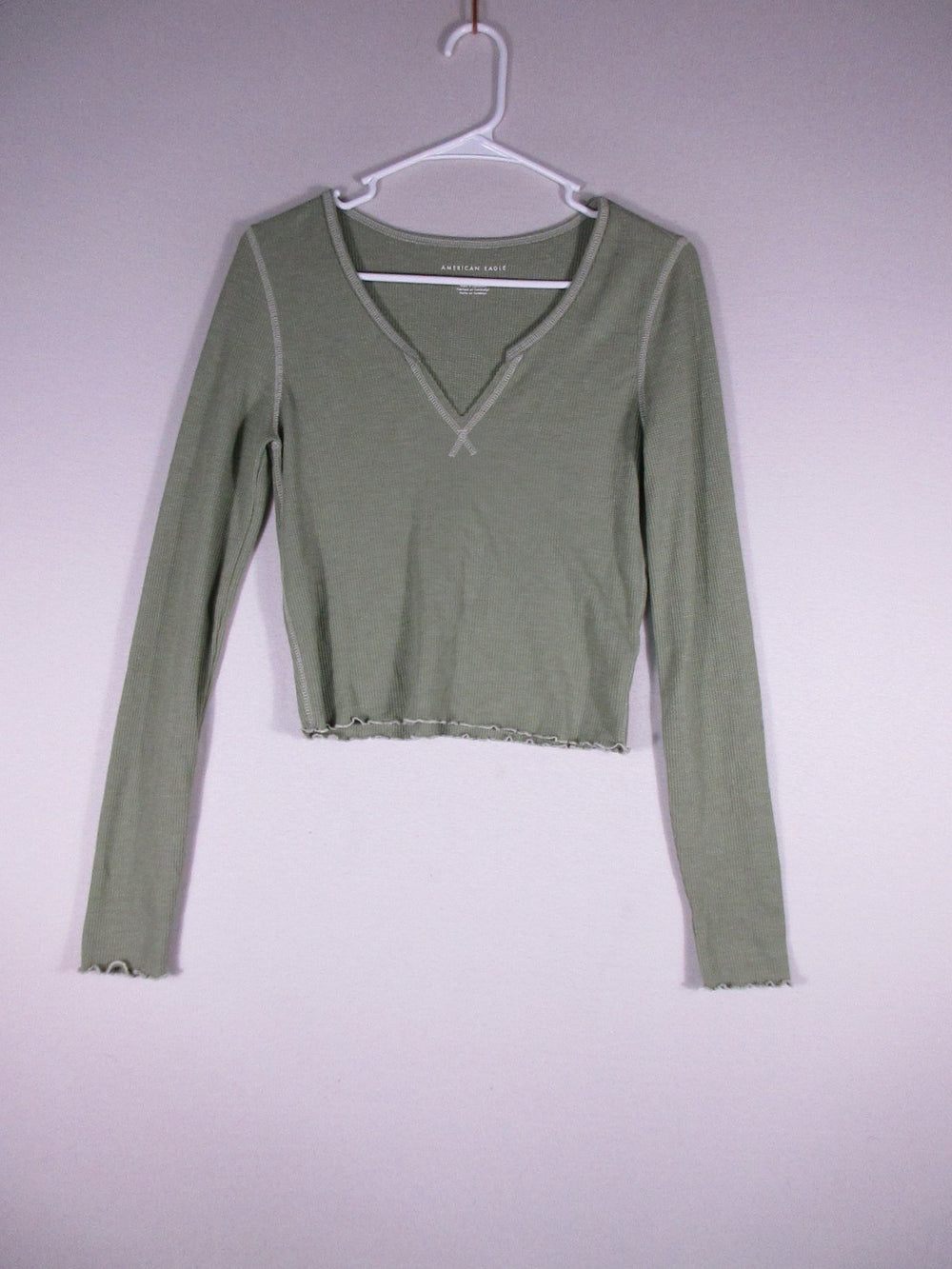 American Eagle Womens Henley Neck Crop Top Long Sleeve Size S Sage Green