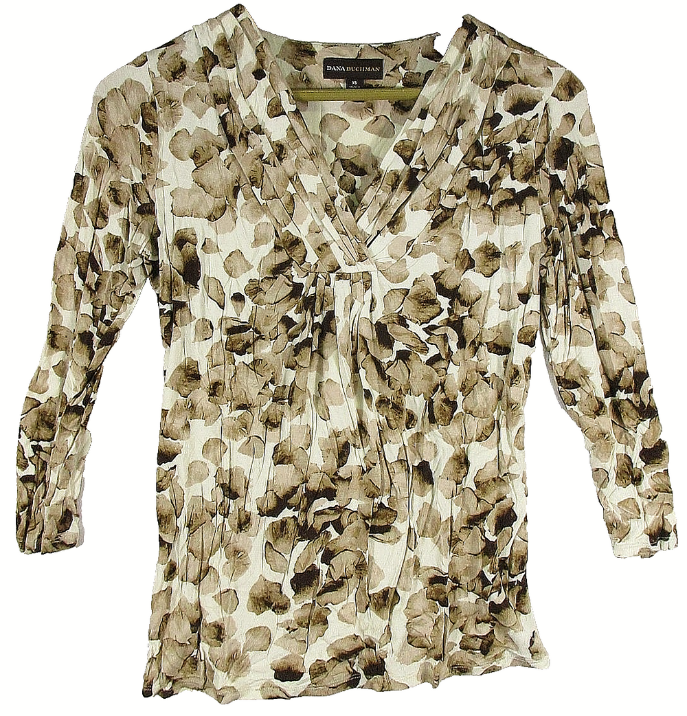 Dana Buchman Womens V-Neck Career Top Floral Print Long Sleeve Size XS Beige