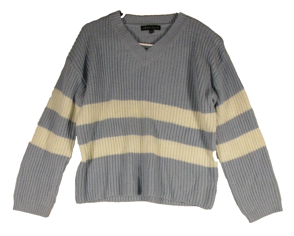 Love Ellie Womens V-Neck Knit Sweater Striped Print Long Sleeve Size L Blue