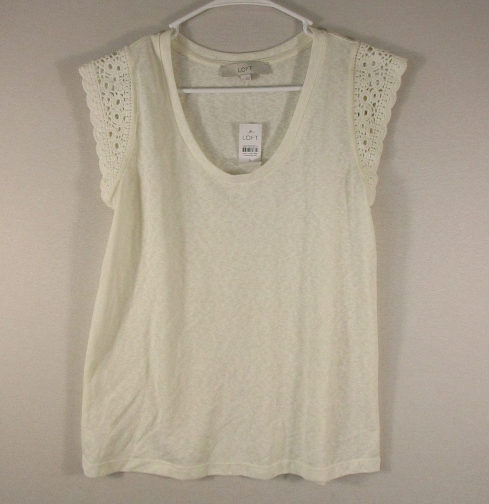 Ann Taylor Loft Womens Stretch V-Neck Top Eyelet Cap Sleeve Size S White