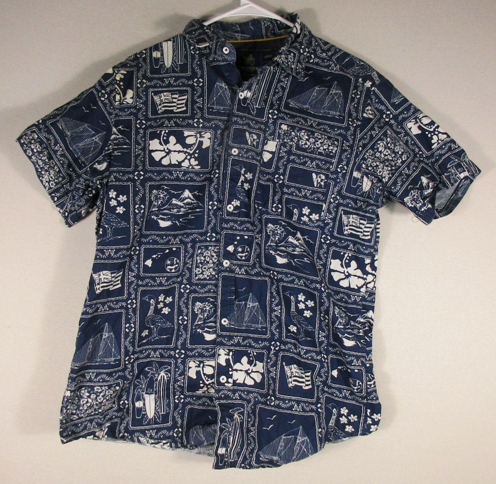 Rugby University Mens Button Front Floral Shirt Short Sleeve Size M Blue