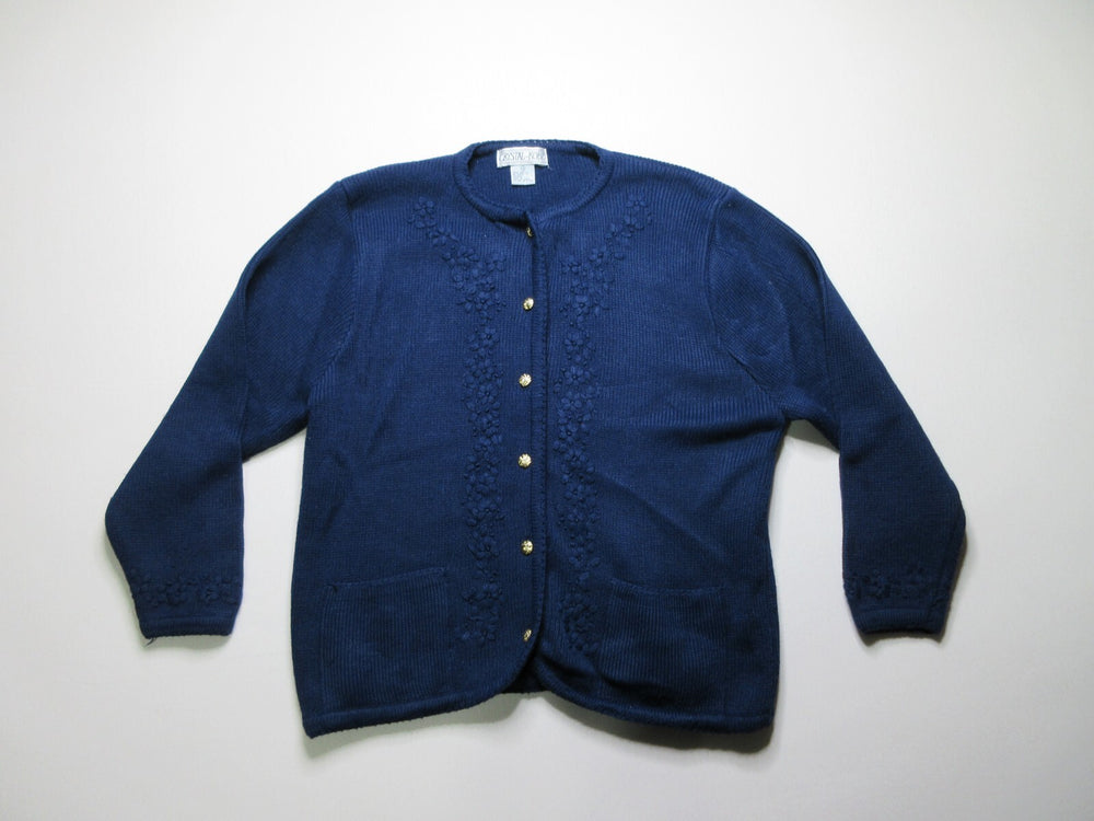 Crystal Kobe Blue Embroidered Cardigan Sweater Gold Buttons Women's Size Large