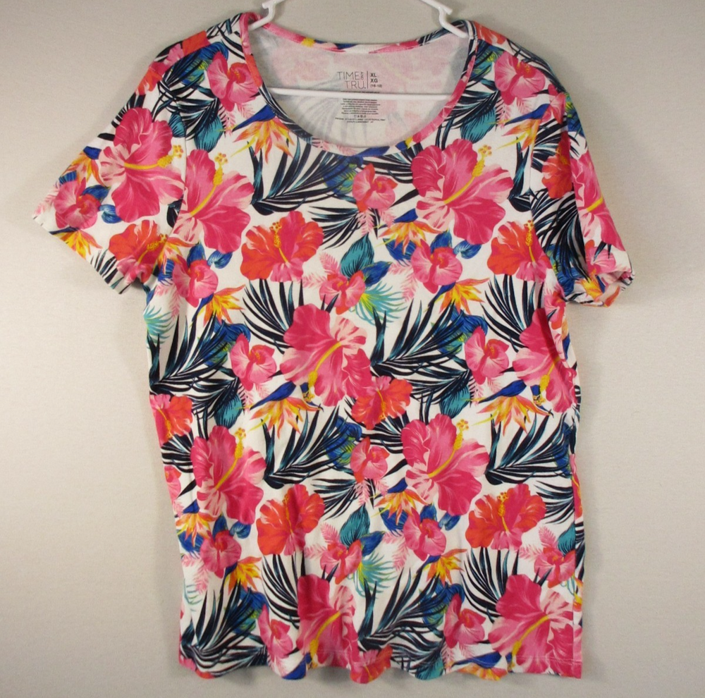 Time & Tru Womens Crew Neck T-Shirt Floral Print Short Sleeve Size XL Multicolor