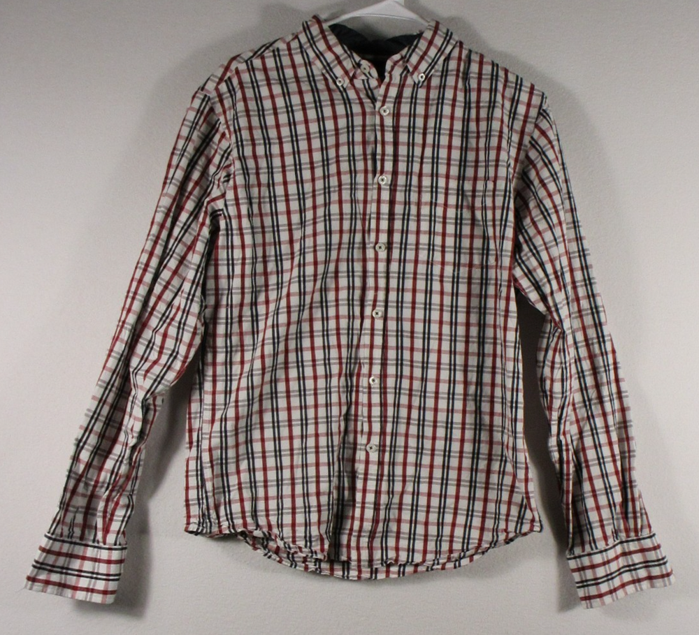 Beverly Hills Polo Club Mens Plaid Button-Up Shirt Long Sleeve Size M Red/White