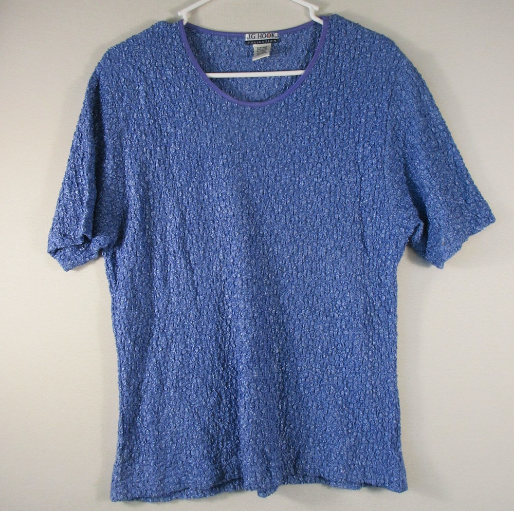 J.G. Hook Womens Pullover Crew Neck Top Textured Print Short Sleeve Size XL Blue
