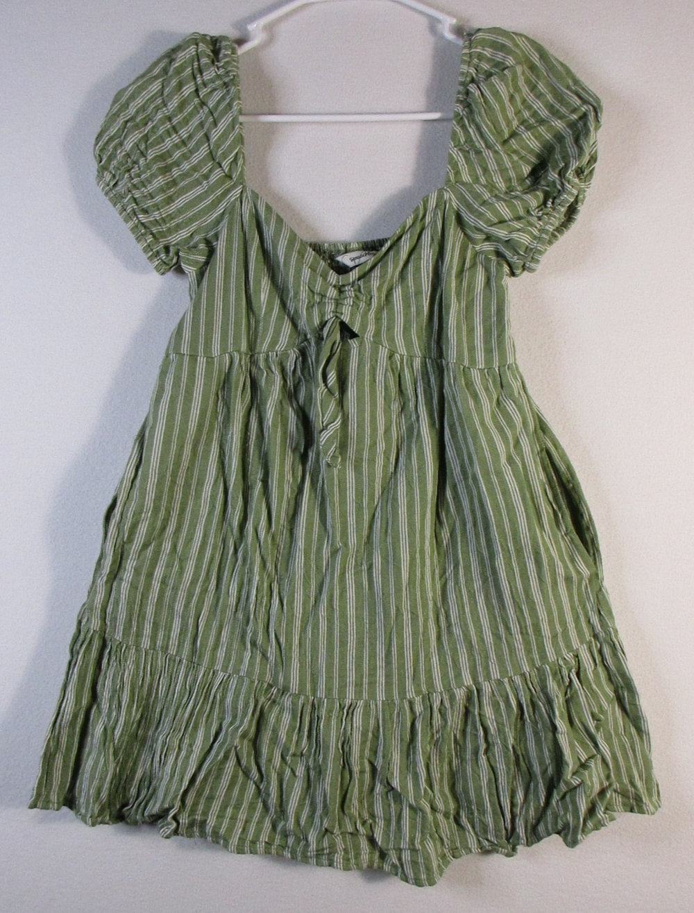 Speechless Women Striped Peplum Hem Mini Dress Short Puffed Sleeve Size S Green