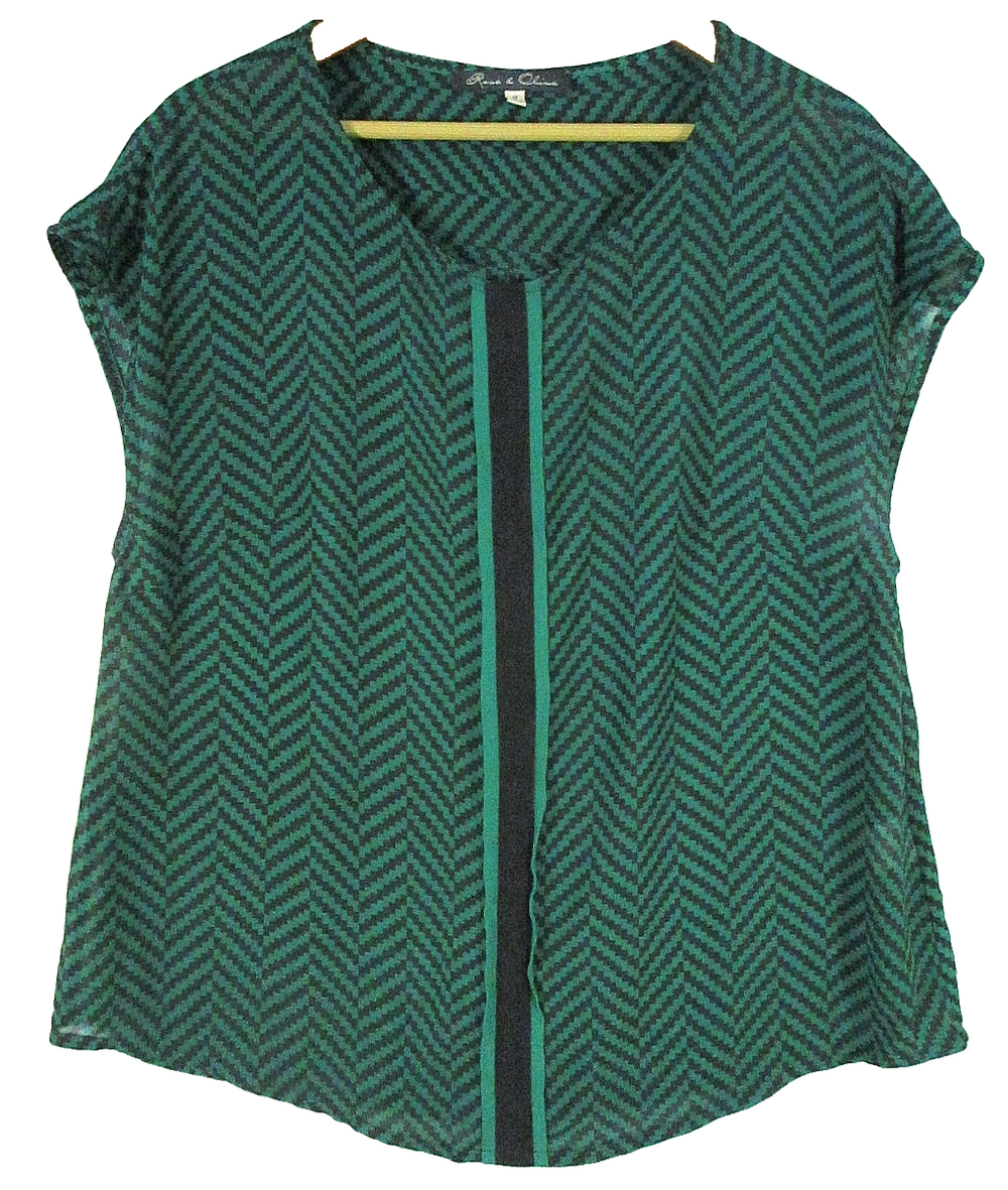 Rose & Olive Womens Pullover V-Neck Blouse Chevron Print Cap Sleeve Sz 1X Green