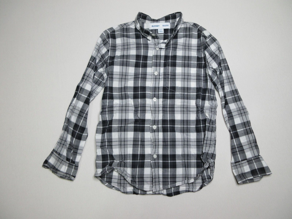 Old Navy Boys Plaid Print Button-Up Shirt Long Sleeve Collared Size L Gray 10-12